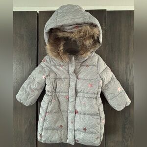 GAP Comfy Baby Gray Puffer Coat with Pink Gold Accents